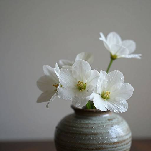 Photograph of delicate white flowers with dew drops, in a rustic, textured gray ceramic vase, against a softly blurred gray background.