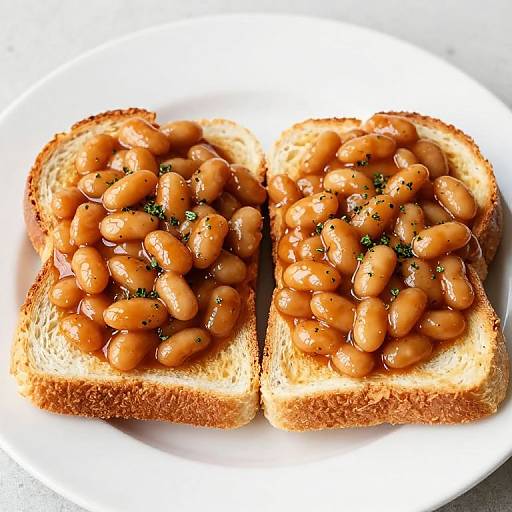 Photograph of two toasted slices of bread topped with glossy, brown beans, sprinkled with green herbs, on a white plate.