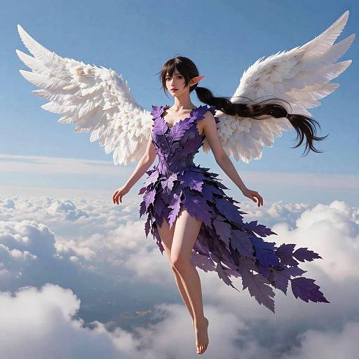 Fantasy Angelic Fairy with White Wings and Purple Leaf Dress