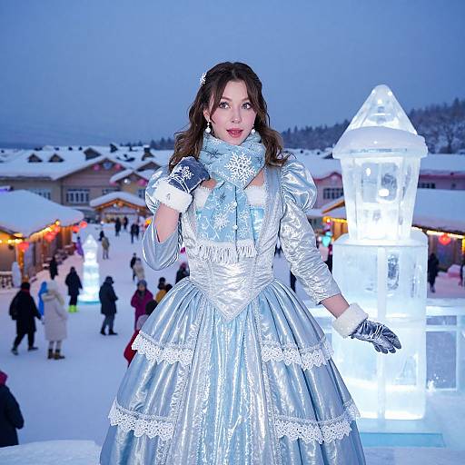 Photograph of a woman in a silver Victorian-style ice-blue dress, lace gloves, and scarf, holding a microphone at a snowy winter festival with illuminated