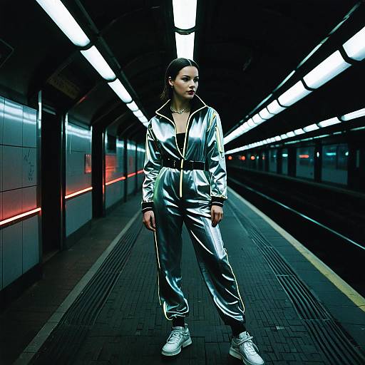Woman in Silver Jumpsuit in Neon-Lit Underground Station