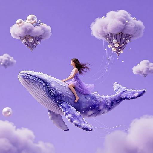 Digital art: A woman with long brown hair in a purple dress rides a blue, cloud-covered whale through a sky filled with floating, cloud-ship