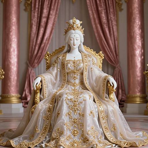 Photorealistic CGI of a serene, white-skinned, regal statue in an ornate, gold-embroidered, flowing gown, seated