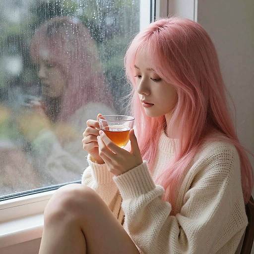 Cozy Pastel Girl by Rainy Window
