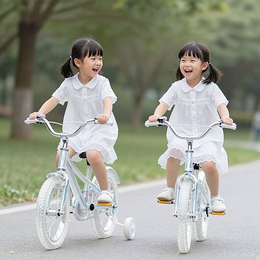 Photograph of two Asian girls with black hair in white dresses riding white bicycles on a park path, laughing joyfully.