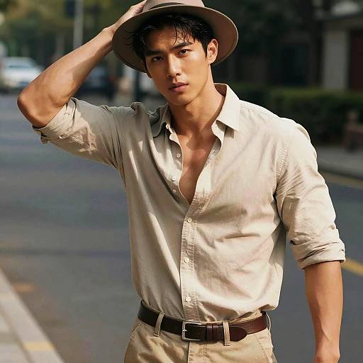 Photograph of a handsome, young Asian man with light skin, wearing a beige shirt, khaki pants, and a wide-brimmed hat,