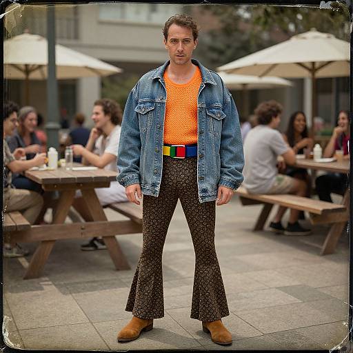 Photograph of a man with short brown hair, wearing a blue denim jacket, orange polka-dot shirt, black patterned pants, and brown boots