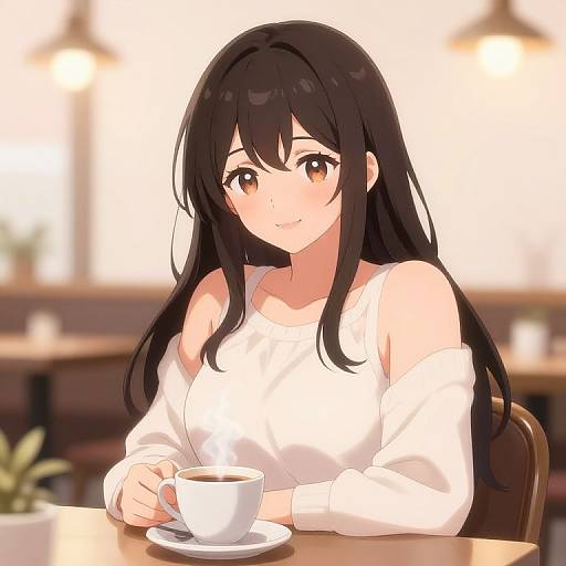 Anime-style digital illustration of a cute, long-haired black-haired girl with brown eyes, wearing a white off-shoulder sweater, holding a cup of