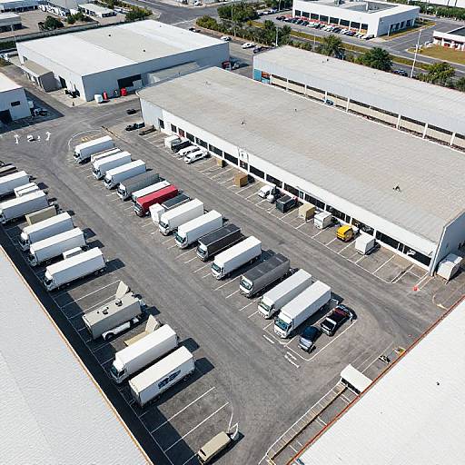 Aerial photograph of a large parking lot with white and gray trucks, surrounded by industrial buildings, on a sunny day.