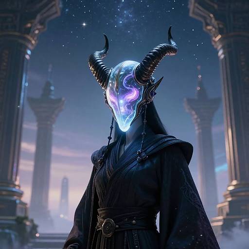 Digital artwork of a mysterious figure with glowing, horned mask, purple eyes, and dark robes, standing in an ancient, starry temple.