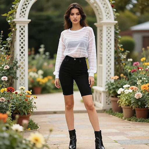 Photograph of a young woman with olive skin, dark brown hair, wearing a white long-sleeve shirt, black shorts, and black ankle boots