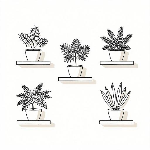 Minimalist Line Art of Fern Plants on Shelves