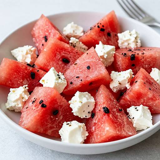 Photograph of a white plate filled with red watermelon cubes, crumbled white feta cheese, and black sesame seeds.