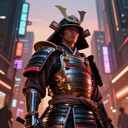 Photorealistic CGI of a samurai in black, shiny armor with horned helmet, standing in a neon-lit, futuristic city street at sunset