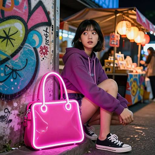 Neon pink handbag lights up night market stall, Asian woman with black bob, purple hoodie, shorts, black sneakers, graffiti wall background. Photograph