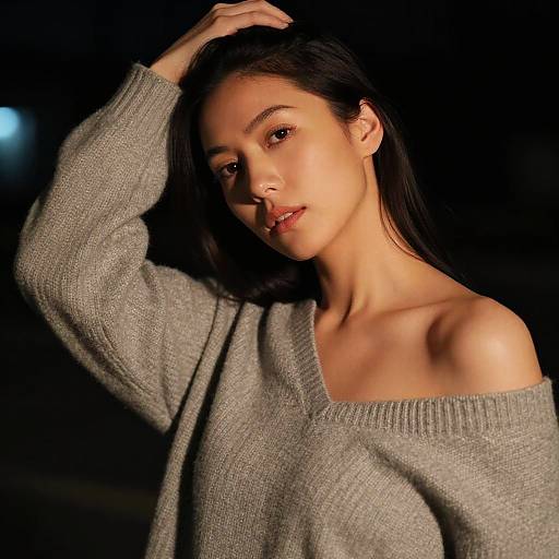 Photograph of an Asian woman with long black hair, wearing a gray off-shoulder sweater, posing against a dark background, with one hand in