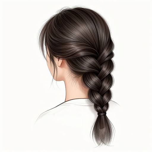 Digital drawing of a person with long, black braided hair, viewed from the side, wearing a plain white top, against a white background.