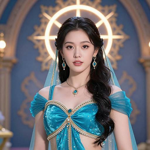 Digital art of an East Asian woman with long black hair, wearing a blue, glittery, off-shoulder dress with gold trim, and matching