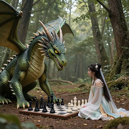 Photorealistic CGI: Green dragon with sharp horns and scales faces a kneeling Asian bride in a white dress, playing chess on a forest floor.