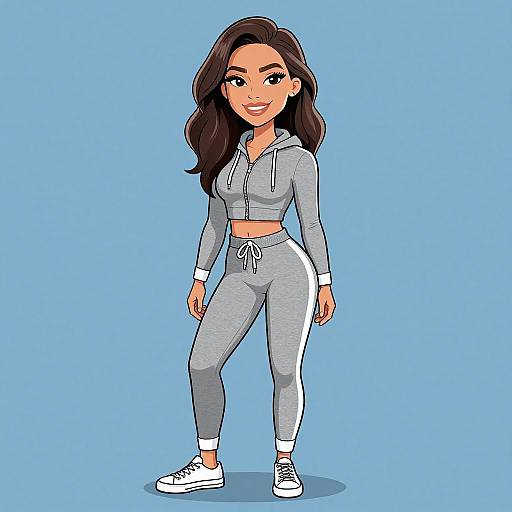 Digital illustration of a smiling, light-skinned woman with long brown hair, wearing a gray cropped hoodie and matching jogger pants with white shoes, standing