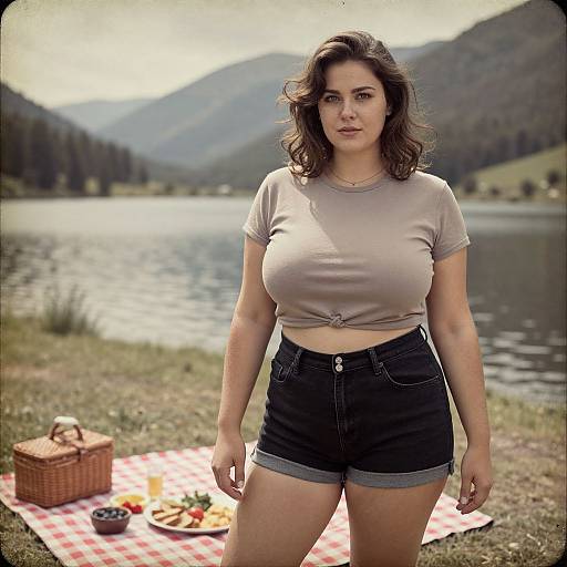 Photograph of a curvy, dark-haired woman with large breasts, wearing a tied beige top and black shorts, standing by a lakeside picnic blanket