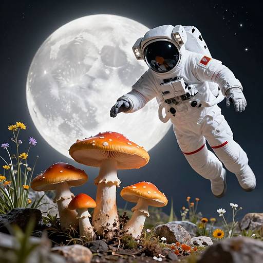 Photograph of an astronaut in a white spacesuit floating near glowing orange mushrooms, a full moon, and colorful flowers under a starry night sky.
