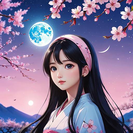 Anime Girl with Cherry Blossoms and Full Moon