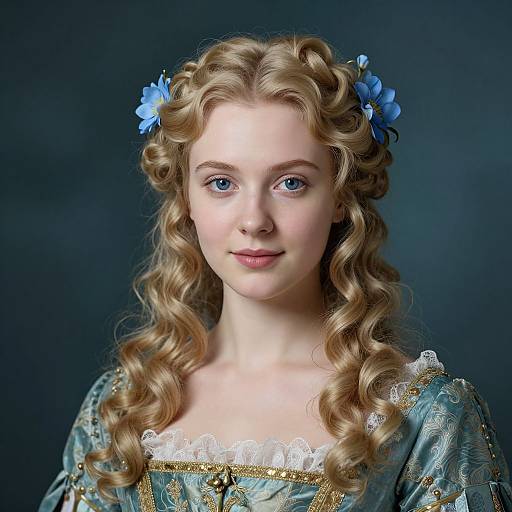Photograph of a fair-skinned, blue-eyed young woman with curly blonde hair, adorned with blue flowers, wearing a lace-trimmed, blue