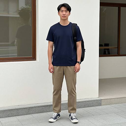 Photograph of an Asian man standing in front of a white building, wearing a black t-shirt, beige pants, black backpack, and black-and-white