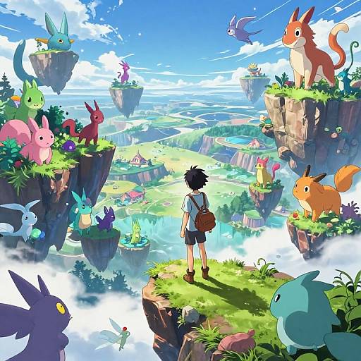 Anime-style digital artwork of a boy with black hair and brown backpack standing on a cliff, gazing at floating islands with colorful, cute Pokémon. Bright