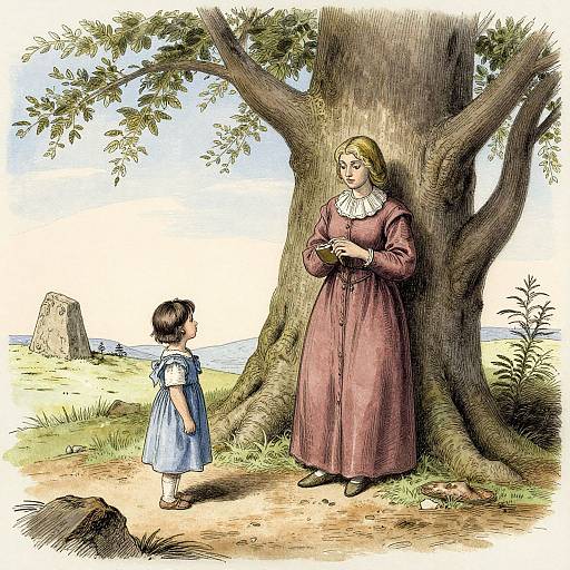 Illustration of a woman in a long pink dress leaning against a tree, facing a young girl in a blue dress, by a lakeside.