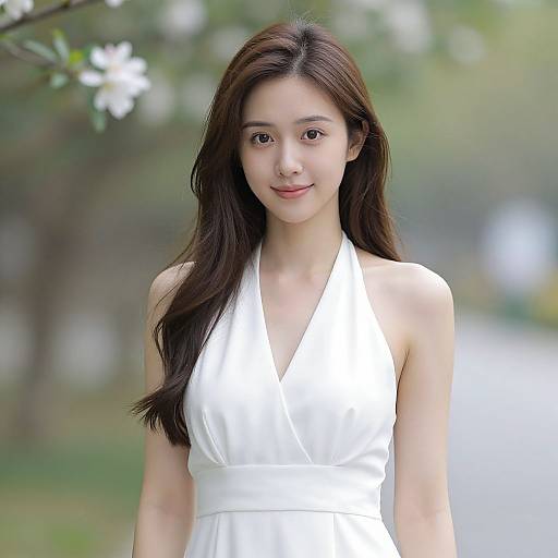 Photograph of a young Asian woman with long, dark brown hair, wearing a sleeveless, white halter dress, standing outdoors against a blurred,
