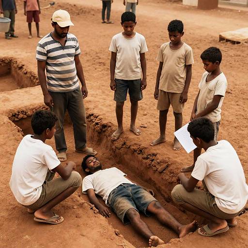 Group Scene Overhead in Dusty Trench