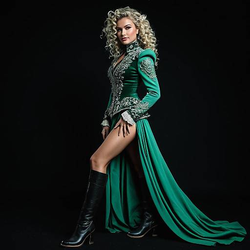 Elegant Woman in Emerald Green Dress with Icy Blonde Curls