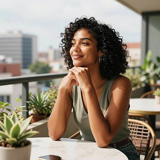 Photograph of a smiling, curly-haired Black woman with medium brown skin, wearing a sleeveless green top, sitting on a sunlit balcony, hands
