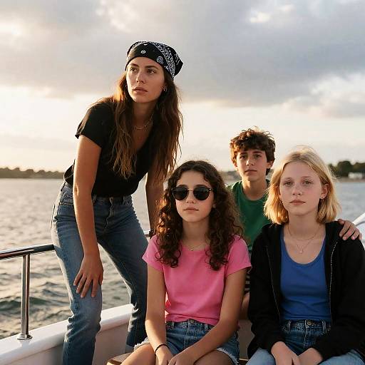 Sunset Boat Scene with Five Friends