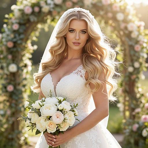 Photograph of a blonde, fair-skinned bride with long, wavy hair in a white lace wedding dress and veil, holding a bouquet of white