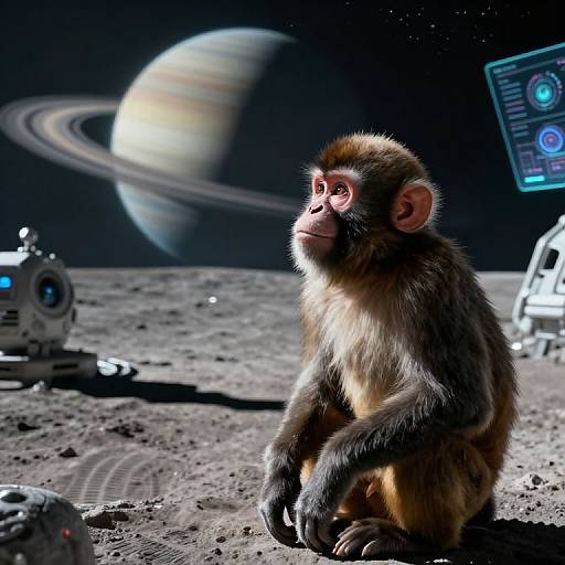Photorealistic CGI: Curious monkey sits on moon's rocky surface, gazing at Saturn and its rings, with a spacecraft and monitor in background