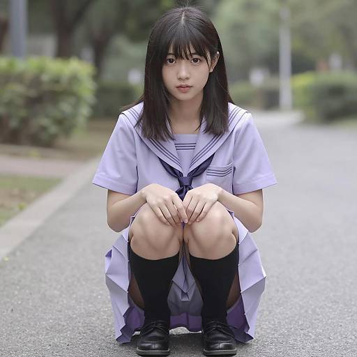 Japanese Schoolgirl in Purple Uniform Outdoors