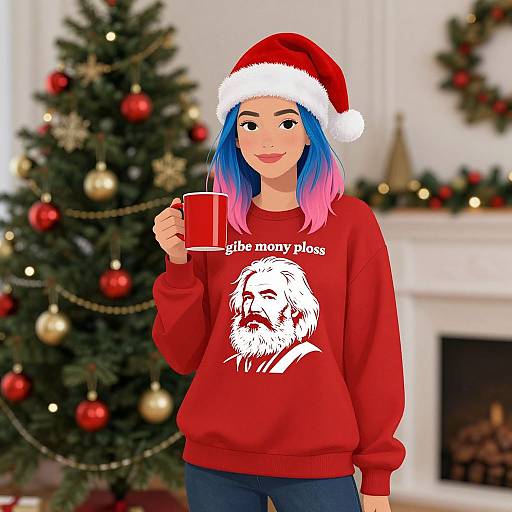 Digital illustration of a smiling woman with blue-pink hair, wearing a Santa hat, red sweater with white 
