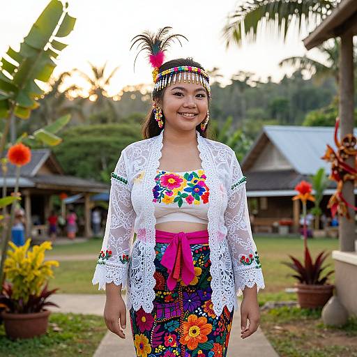 Photograph of a smiling Asian woman in colorful traditional attire with lace top, floral skirt, and headpiece, standing in a tropical garden at sunset.