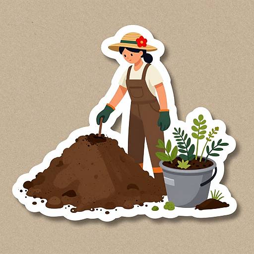 Digital illustration of a gardener with brown overalls, white shirt, green gloves, and straw hat, standing beside a mound of soil and a p