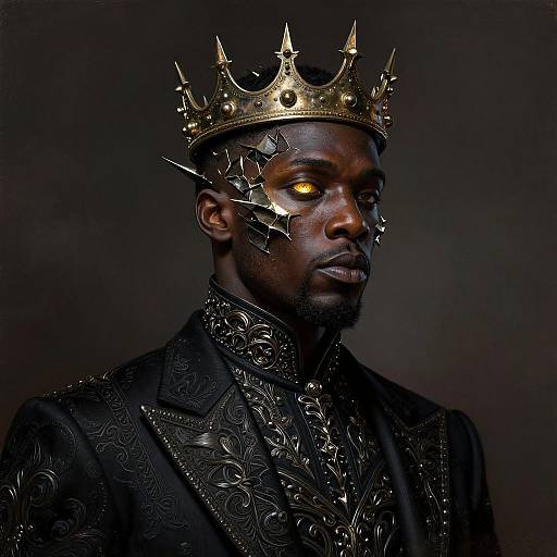 Photograph of a dark-skinned man with glowing yellow eyes, wearing a gold spiked crown and ornate black suit, against a dark background.
