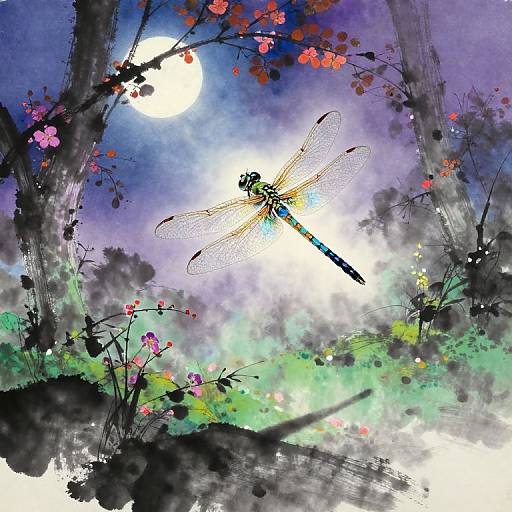 Digital painting of a blue-and-yellow dragonfly with translucent wings, flying under a moonlit night sky surrounded by vibrant flowers and dark, textured trees.