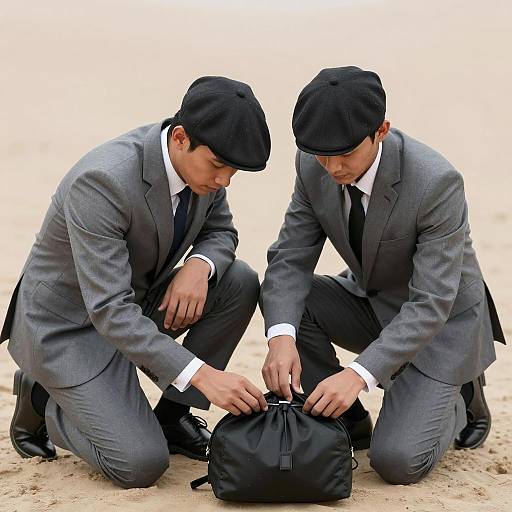 Men Examining Bag on Sandy Ground