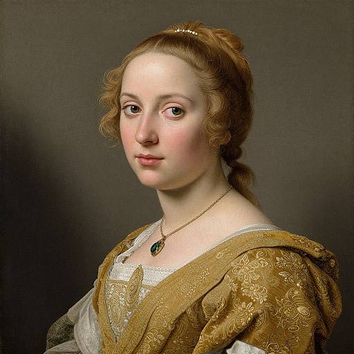 18th-century portrait of a fair-skinned woman with wavy auburn hair, wearing an ornate gold and white dress, black background.