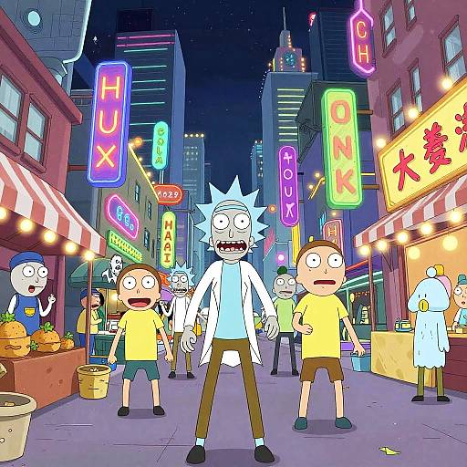 Cartoon night market scene with colorful neon signs, 