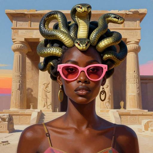 Photograph of a dark-skinned woman with gold snake hair, pink sunglasses, gold hoop earrings, in front of ancient Egyptian ruins at sunset.