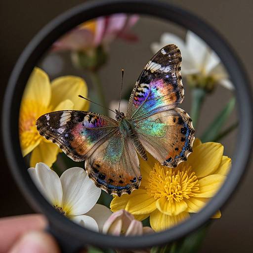 Photograph of a colorful butterfly with iridescent wings, magnified through a black-rimmed lens, perched on yellow and white flowers.