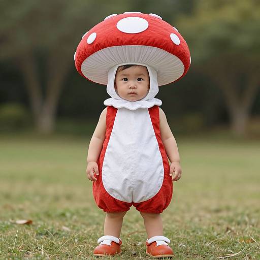 Photograph of a baby wearing a red mushroom costume with white polka dots, white bib, and red shoes, standing on grass.